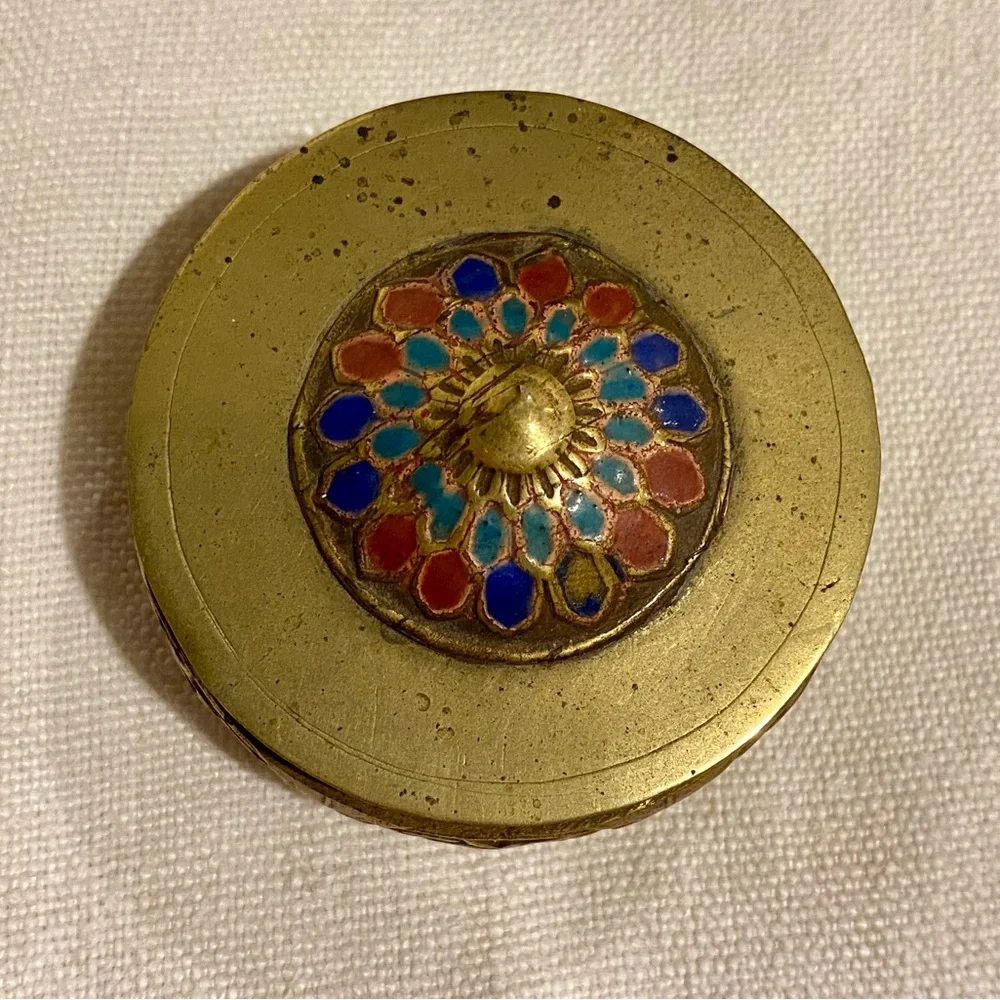 Vintage Chinese brass tea caddy - trinket box - enameled imagery